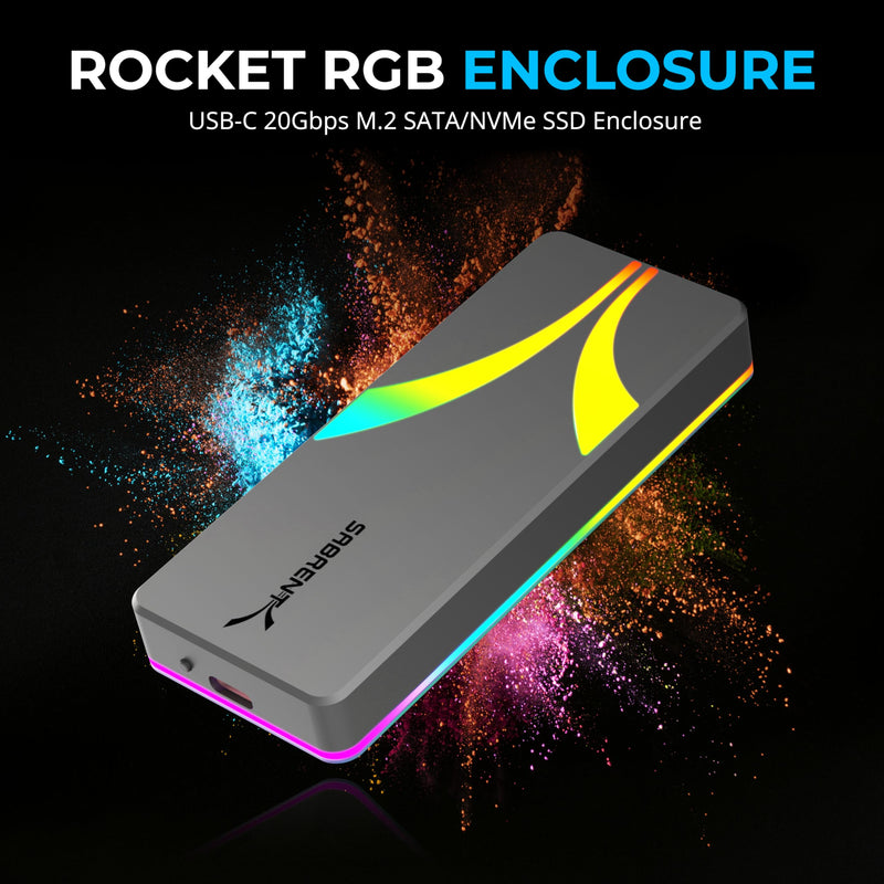 SABRENT Rocket RGB NVMe & SATA M.2 SSD Enclosure, 20Gbps (EC-RGBG) | USB-C 3.2 Gen 2x2 20Gbps; tool-free; UASP; RGB LED; aluminum; 2230-2280; plug & play Multicolor