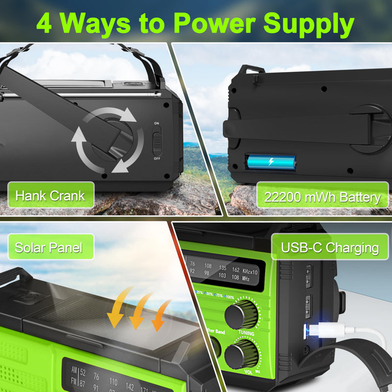 Emergency Radio with Solar & Hand Crank Radio 22200mWh (6000mAh) NOAA Emergency Weather Radio Alert, SOS Alarm, AM/FM, Hand Crank Flashlight, Compass for Tornado, Winter Storm, and Survival Kits Green