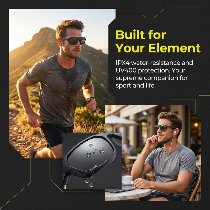 APOPHENIA Smart Glasses Bluetooth 5.4,UV400 Protection with Open-Ear Speakers Touch Control Outdoor Sports, Running,Travel Black