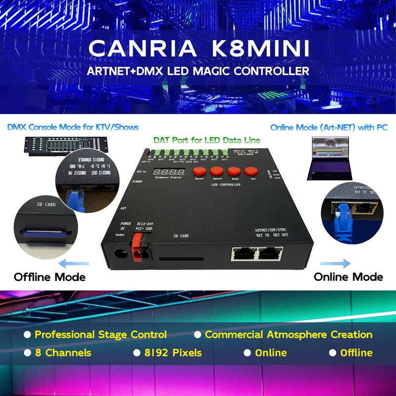 K8MINI ARTNET+DMX Console LED Pixel Controller, for SPI-TTL LED Light, Online Offline, Addressable Programmable, 2G SD Card With 96 Program Modes and Offline Software. K8 MINI ARTNET
