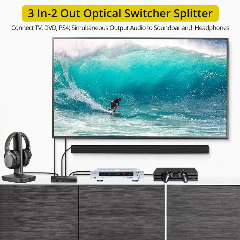[AUSTRALIA] - PROZOR Digital Audio Switcher Splitter - 3 in 2 Out 3 Port Spdif Toslink Optical Switch with Remote Control, Aluminum Alloy Material 2 Way Digital Audio Splitter Support LPCM 2.0 DTS Dolby-AC3 