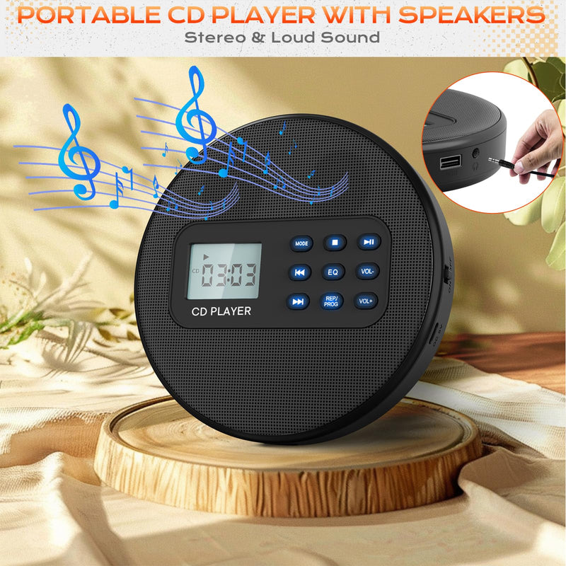 Portable CD Player with Speakers:Rechargeable Walkman CD Player for Car with Anti-Skip Protection,Discman CD Player with Headphones,Plays Recorded MP3/Audiobook/CD/USB with Memory,Backlit.