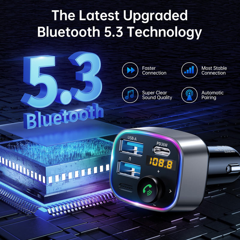 Syncwire Bluetooth 5.3 FM Transmitter Car Adapter 48W (PD 36W & 12W) [Light Switch] [Hi-Fi Deep Bass] [Fast Charge] Wireless Radio Music Adapter LED Display Hands-Free Calling Support USB Drive Silver
