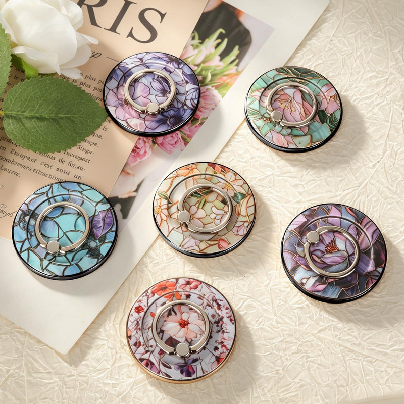 Magnetic Phone Ring Holder with MagSafe, 360° Rotation Super Magnet Finger Grip Removable Kickstand, Cute Stained Glass Floral Designed Stand for iPhone 17 16 15 14 13 12 Pro Max Plus, Purple Flower