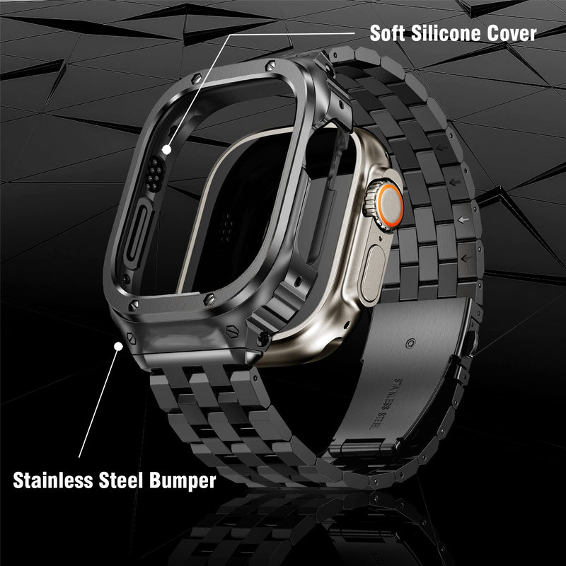 Stainless Steel Band and Case Compatible with Apple Watch Band Ultra | HASLFM Metal Protective Bumper Cover with Straps for iWatch Ultra 3/2/1 49mm Men, Grey