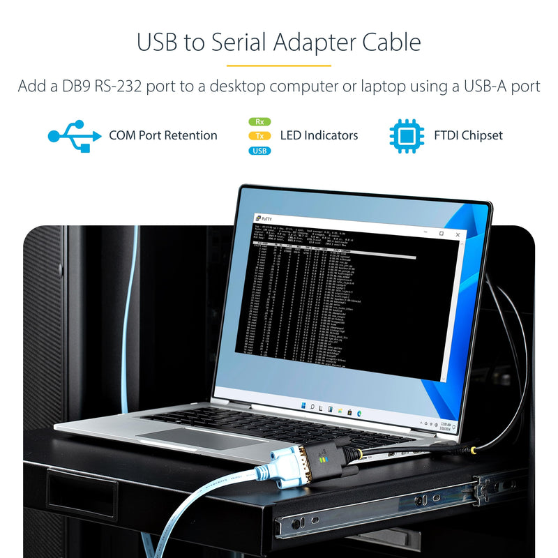 StarTech 6ft USB to Serial Adapter Cable, FTDI (1P6FFC-USB-SERIAL) | USB-A to DB9 RS232, Interchangeable DB9 Screws Nuts, COM Retention, LED Indicators