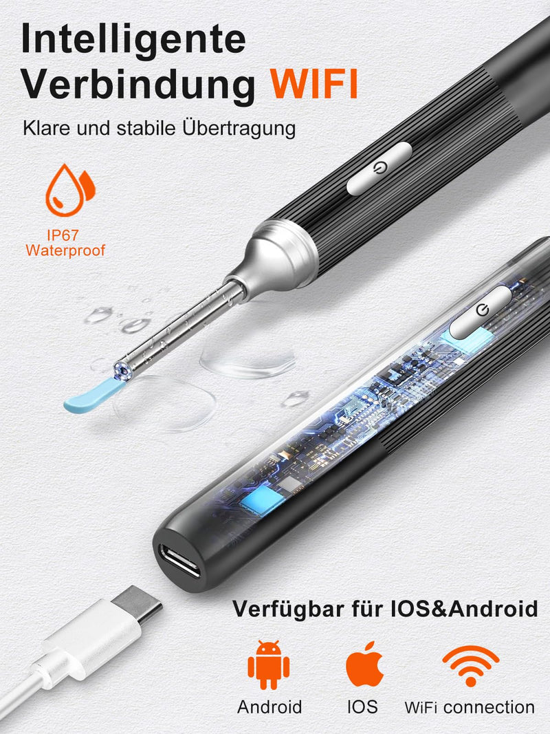 Earwax Remover, PARPAT Ear Cleaner Otoscope with 1080P HD Camera, IP67 Waterproof Ear Mirror 360° Wide Angle 6 LEDs Otoscope with Light, Earwax Removal Kit for iPhone, iPad, Android S16
