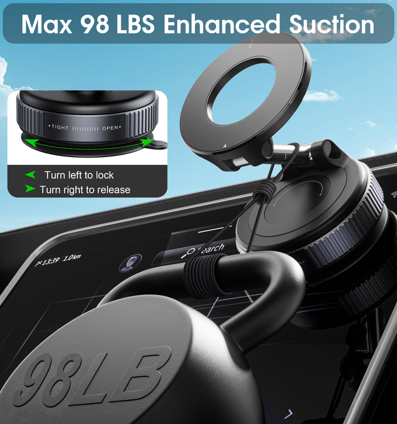 REOKILY 2026 Upgraded Vacuum Magnetic Car Phone Holder 360° Reinforced 96LBS Ultra Suction Cup Phone Mount for MagSafe Cell Phone Holders for Your Car/Gym/Mirror Mount for iPhone & Android Black
