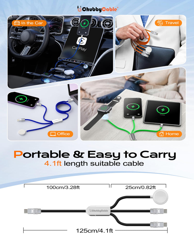 chubbycable 3 in 1 Silicone USB C Cable for Apple Watch, Orange, 4.1FT | Travel Essentials, 100W Fast Charging, Strong Magnetic, 480Mbps Data Transfer, E-Marker Safety Chip, 45,000+ Bend Tested