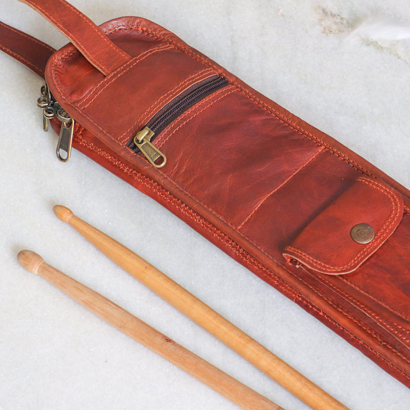 Leather Drumstick Bag Floor Tom Hooks Holds 4-5 Pairs Drum Sticks Mallets Brushes Percussion Drum Stick Bag Easy Carry Handles Drummer Gift (Brown) – DSB007