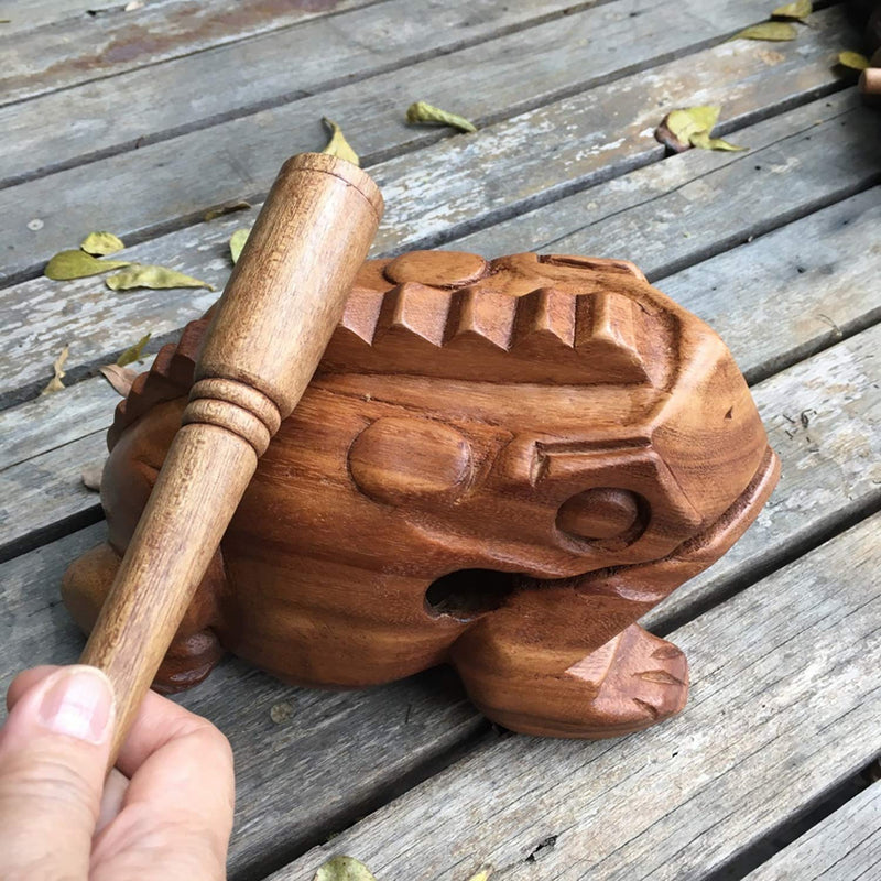 Large 7" Wood Frog Guiro Rasp Percussion Instrument Tone Block Frog Animal Shaped Figurine Wooden Handcraft Musical Lucky Frog Home Office Decoration (Tan) Tan