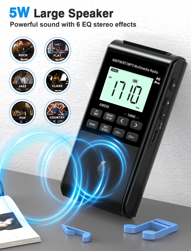 [AUSTRALIA] - Pocket Radio with AM FM-1200mAh Rechargeable Radio-Portable Transistor Radio with Best Reception, Bluetooth Receiver,5W Big Speaker,LCD Screen,Earphone Jack,Support SD Card and USB Player for Jogging Black 