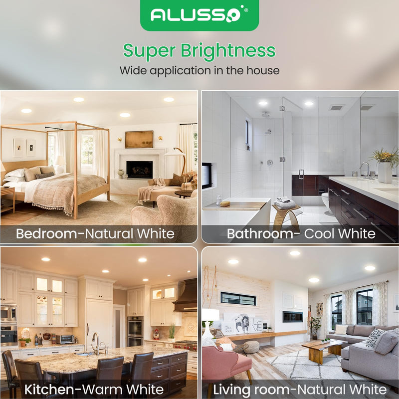 ALUSSO LED Recessed Spotlights, 230 V, 68 mm, Dimmable, 4 W, Ultra-Flat, 310 Lm, IP44, Warm White 3,000 K, Neutral White 4,000 K, Cool White 6,500 K, for Bathroom, Living Room, Set of 6. 4w White, Diameter 55-68 Mm Hole Size