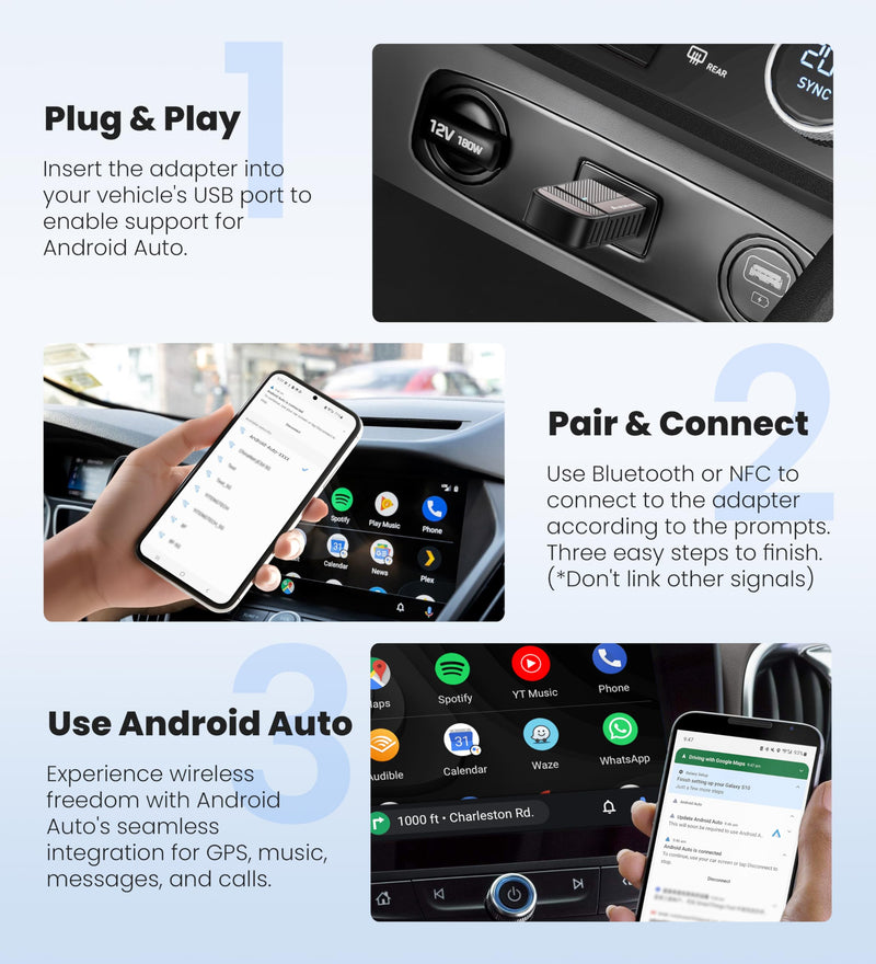 ByteWave Android Auto Wireless Adapter, 2025 NFC Convert Wired to Wireless Android Auto Car Adapter with 5.8GHz WiFi, Mini Android Auto Dongle Compatible for Android 12+ and 2016+ Cars, USB-A/C, Black