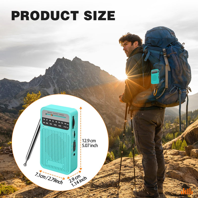 Portable Radio AM FM, Goodes Transistor Radio with Loud Speaker, Headphone Jack, 2AA Battery Operated Radio for Long Range Reception, Pocket Radio for Indoor, Outdoor and Emergency Use-Green New-Cyan