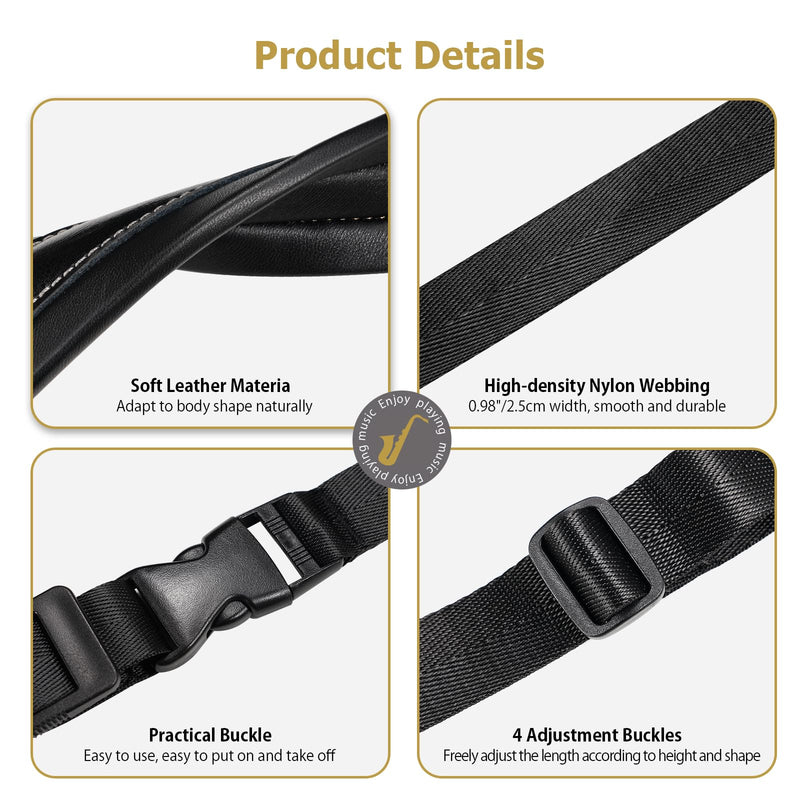 Saxophone Harness, Double Shoulder Adjustable Sax Strap with Soft Leather Padded, Widened & Thickened Design, Good Comfort, Reduce Neck Stress, for Alto/Tenor/Baritone/Soprano Saxophone