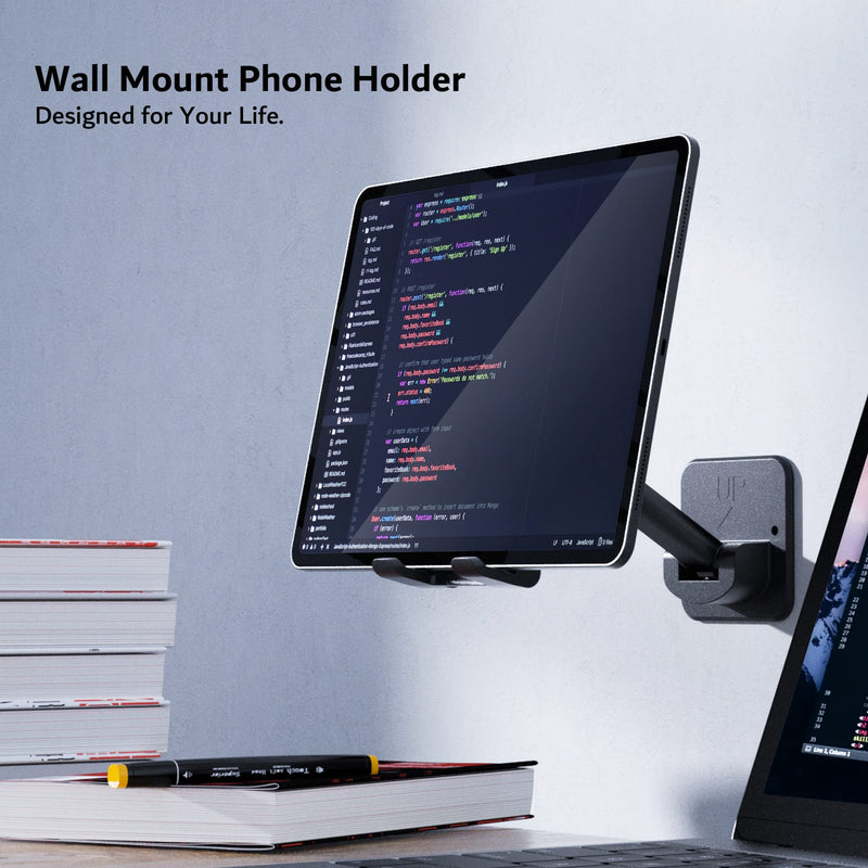 pzoz Wall Mount Cell Phone Tablet Holder, Extendable Adjustable Cellphone Stand for Mirror Bathroom Shower Bedroom Kitchen Treadmill, Compatible with iPhone iPad Series or Other Smartphones (Black) Black