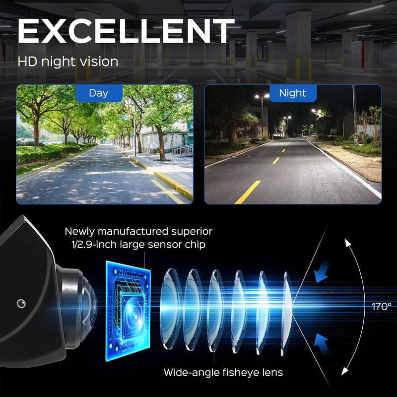 Backup Camera with Switchable Front View - AHD 1080P Metal Camera | 170° wide-angle view, super clear night vision, IP69 waterproof metal housing, fits cars, trucks, SUVs and vans. Deep black
