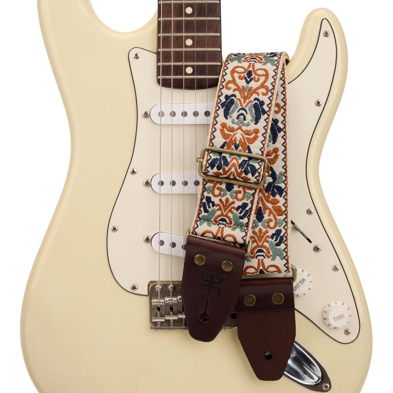 [AUSTRALIA] - Amumu Beige Brown Spades Heart Embroidery Guitar Strap - Vintage Style with Top Grain Cowhide Leather Ends & Pick Pocket - Fits Bass, Electric, Acoustic Guitars 