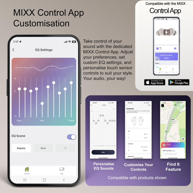 MIXX StreamBuds Custom 1 True Wireless Earbuds – 24hr Battery, Touch Controls, App EQ, Digital Display, Hands-Free Calling, Quick Charge – Zinc Alloy Case, Bluetooth 5.3, 3 Sizes - Black