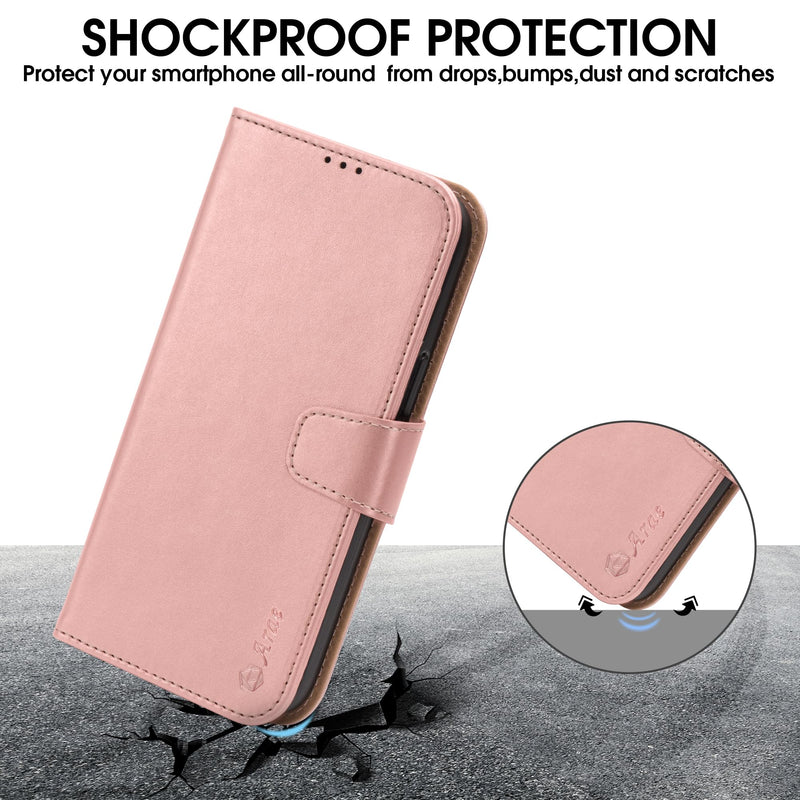 Arae Compatible with iPhone 15 Case with Card Holder and Wrist Strap Wallet Flip Cover for iPhone 15 6.1 inch,Rose Gold Rose Gold