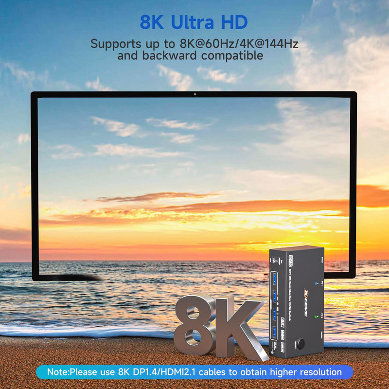 HDMI+2 DisplayPort KVM Switch 3 Monitors 2 Computers 8K@60Hz 4K@144Hz, Triple Monitor KVM Switch with 4 USB3.0 Port for Keyboard Mouse Printer, 1*HDMI+2*DP+2*USB Cables and Wired Controller Included black Dual Monitor KVM Switch 2PC