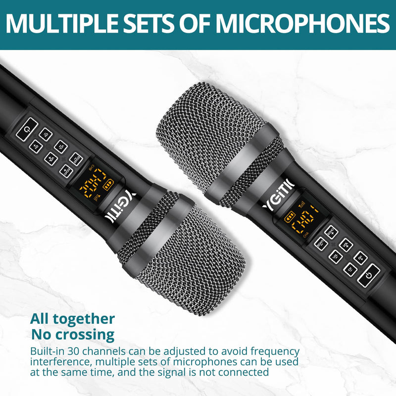 Wireless Microphone, UHF Metal Dual Handheld Cordless Dynamic Mic System with Rechargeable Receiver 2X30 Channels Wireless Microphones System ECHO Adjust 160ft Range for Singing, Wedding