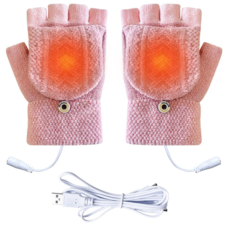 Women's & Men's USB Heated Gloves Mitten Full & Half Fingerless Winter Hands Warmer Laptop Gloves Pure Pink