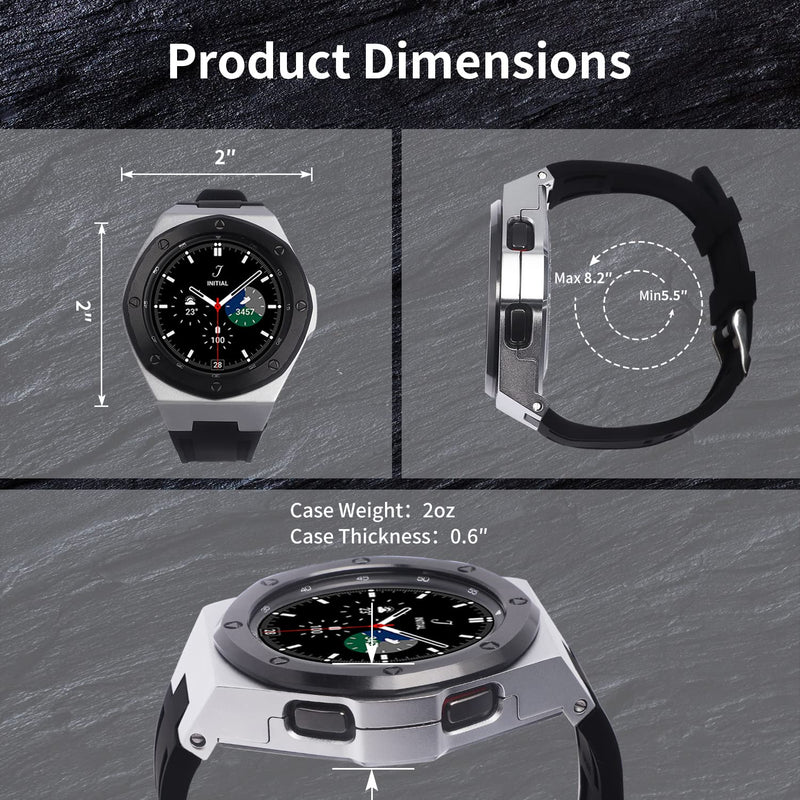 Luxury Case Designed for Samsung Galaxy Watch 4 Classic 46mm 2021, Rugged Military Protective Metal Bumper Case with Tactical Silicone Band for Men Silver Silicone