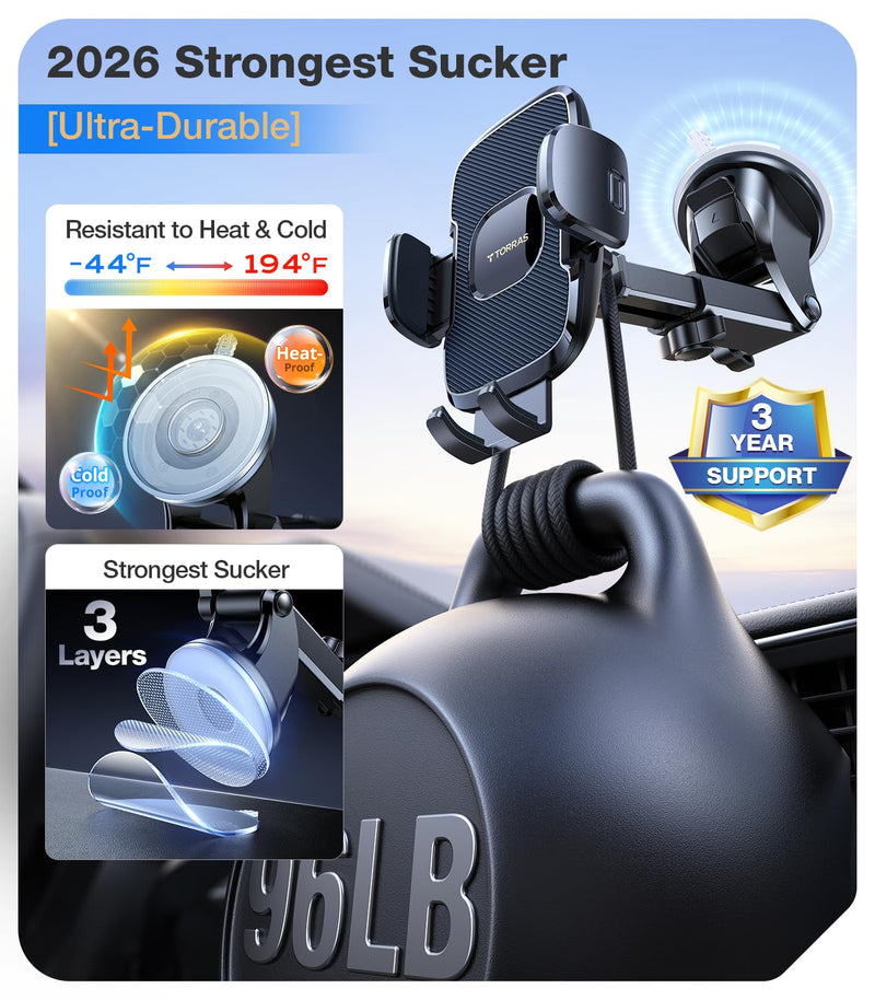 TORRAS 96+LBS Strongest Suction Ultra-Durable Cell Car Phone Holder Mount | Patent & Safety Certs, Fits Large Phones & Thick Cases, Extra Sticky Grip, Airbag Clamp, Temp-Resistant, All Road Conditions Navy Blue