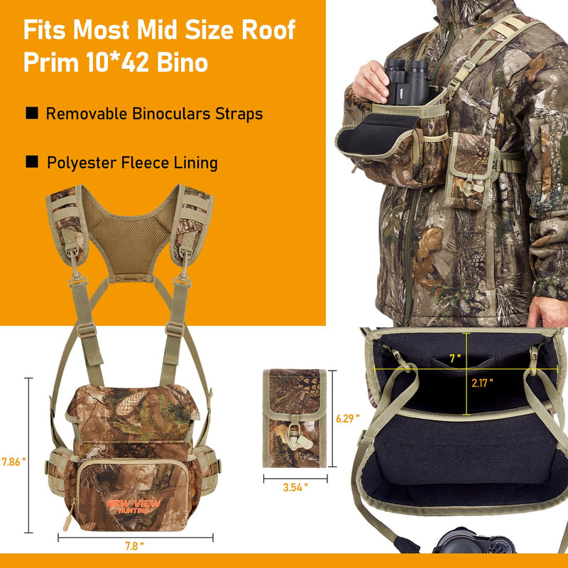 NEW VIEW Silent Binocular Harness Chest Pack, Hunting Bino Case with Dual MOLLE Straps, Binocular Harness with Detachable Chest Strap Rangefinder Pouch Rain Cover for Saddle Hunting Bird Watching Removable
