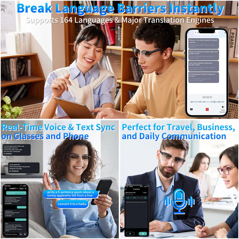 AI Translation Glasses, 164 Languages Real-Time Translator, Black Plastic Frame, Bluetooth 6.0, IP67 Waterproof, Voice Assistant for Business Travel (photochromic Lenses) photochromic lenses
