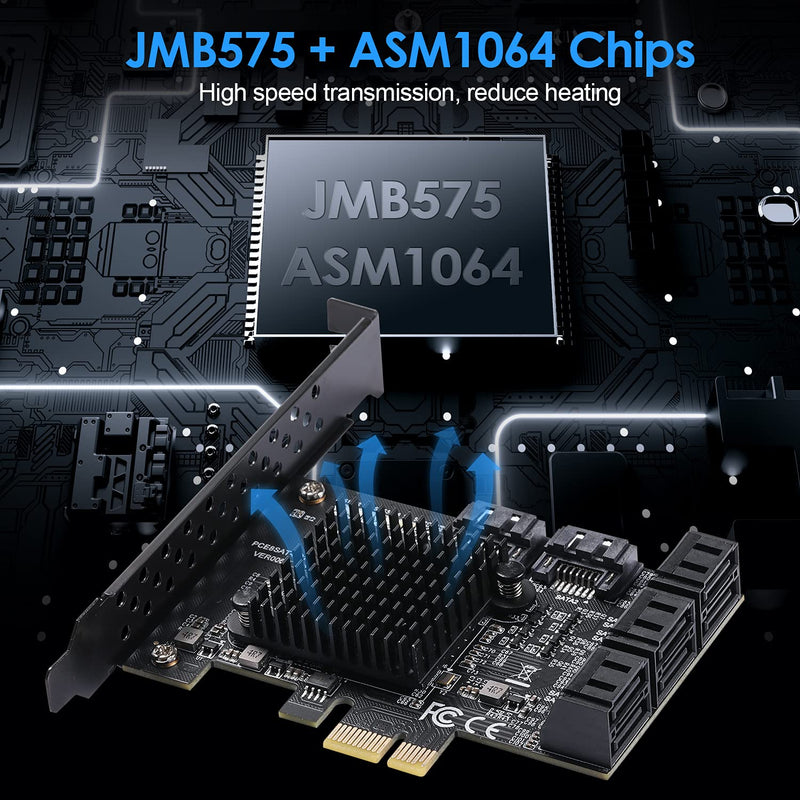SATA 3.0 Controller Expansion Card, 8-Port PCIE SATA Card, PCI-E X1 3.0 Gen3 (6Gbps) Controller Card for Windows 10/8/Ubuntu (ASM1064 + JMB575)