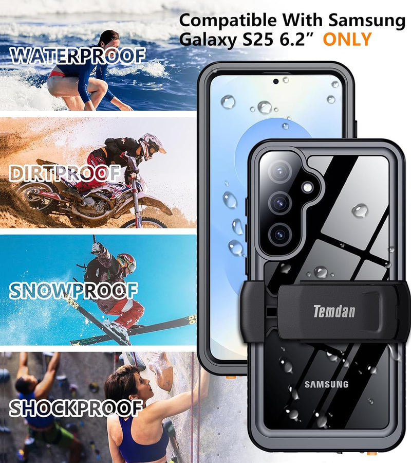 Compatible with Samsung Galaxy S25 Case Waterproof with Belt Clip Holster, Built-in Lens & Screen Protector Military Grade Shockproof Dropproof IP68 Underwater Full Body Phone Case