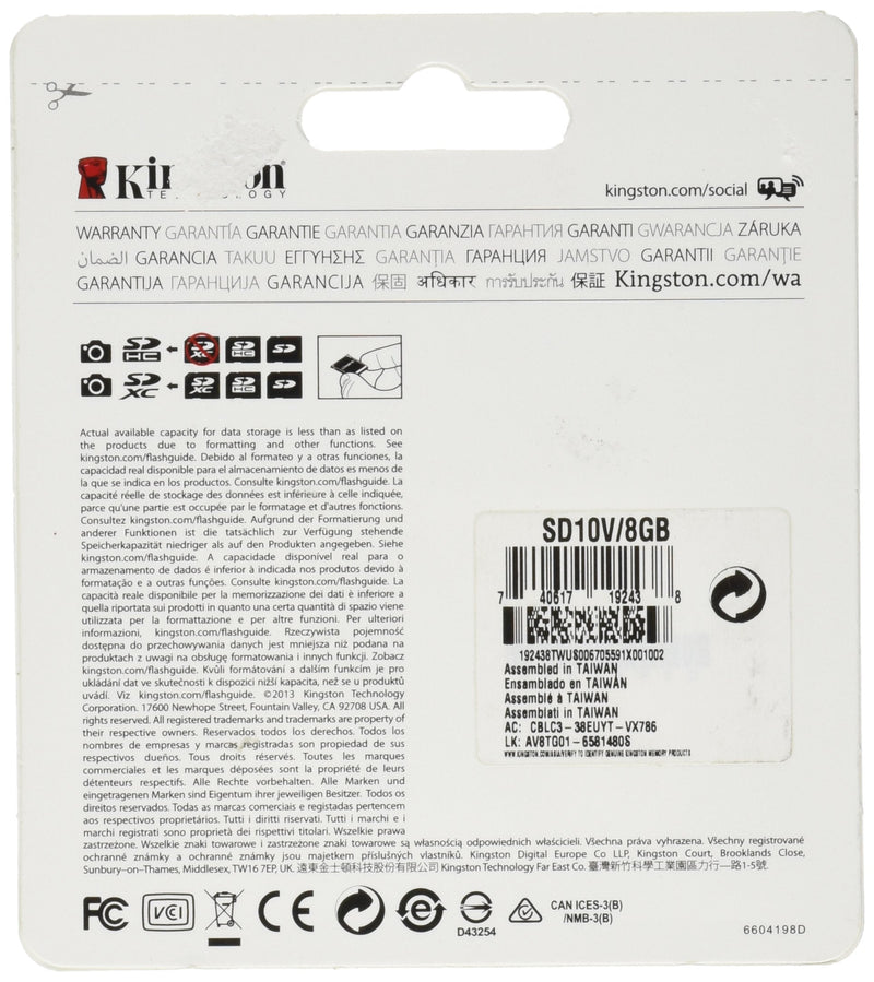 Kingston Digital 8 GB SDHC/SDXC Class 10 UHS-1 Flash Memory Card 30MB/s (SD10V/8GB) 8GB