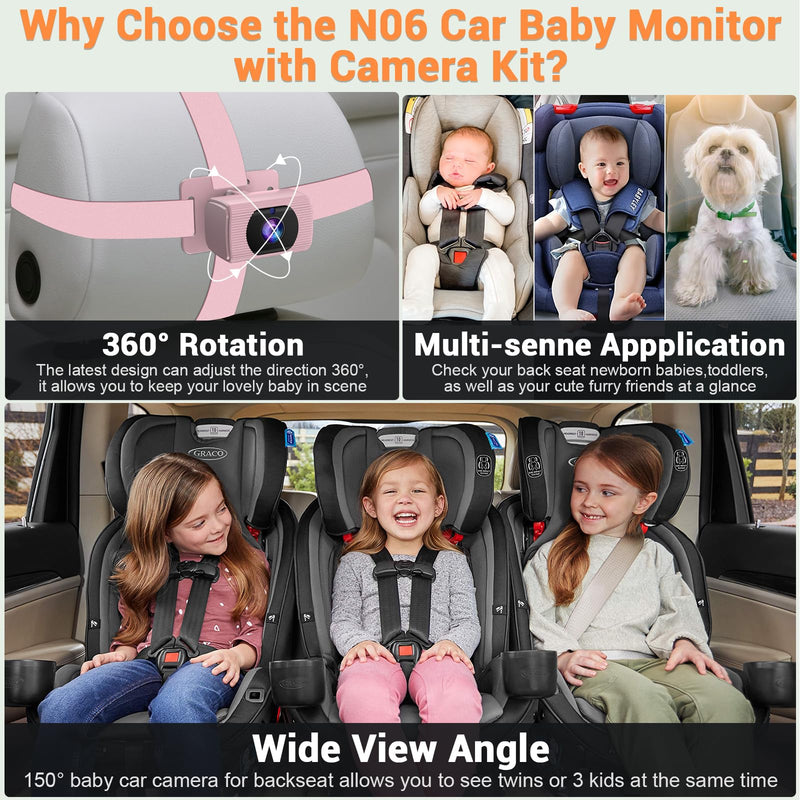 [AUSTRALIA] - Rohent Car Baby Monitor for Baby Girls - 1080P HD, 360° Adjustable, Night Vision, 150° Wide-Angle Lens, Easy Installation, Perfect for Girls Aged 0-5, Ideal for Parents, Grandparents & Families Pink 