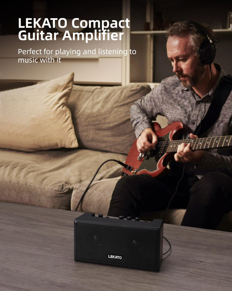 LEKATO Guitar Amplifier with Clean Overdrive Effects 5W Rchargeable Electric Guitar Amp Small Bass Amplifier Bluetooth Bass Amplifier for Daily Practice Black