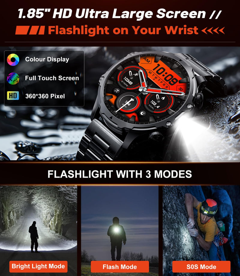 Militrary Smart Watch for Men,1.85" HD/800mAh Battery Smart watches for Android/iOS (Bluetooth Call Answer/Calls)Fitness Tracker,100+ Sports/LED Flashlight/IP68 Waterproof/Sleep Tracker Smartwatch Black