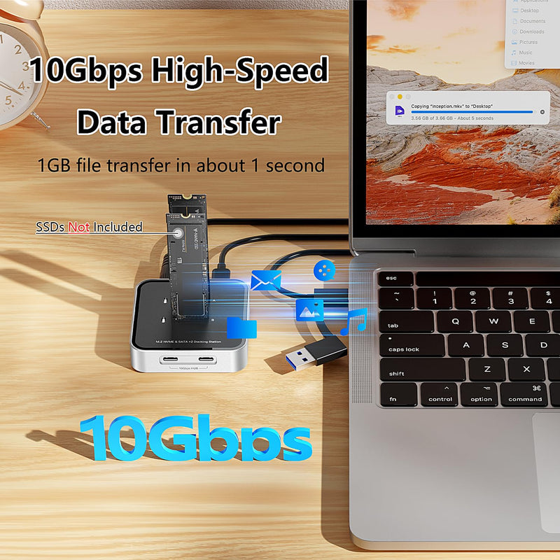 Dual Bay M.2 NVME SATA SSD Enclosure, USB 3.2 10Gbps HUB PCIE NVMe Docking Station, Up to 16TB, Plug and Play, with M.2 SSD Storage Case