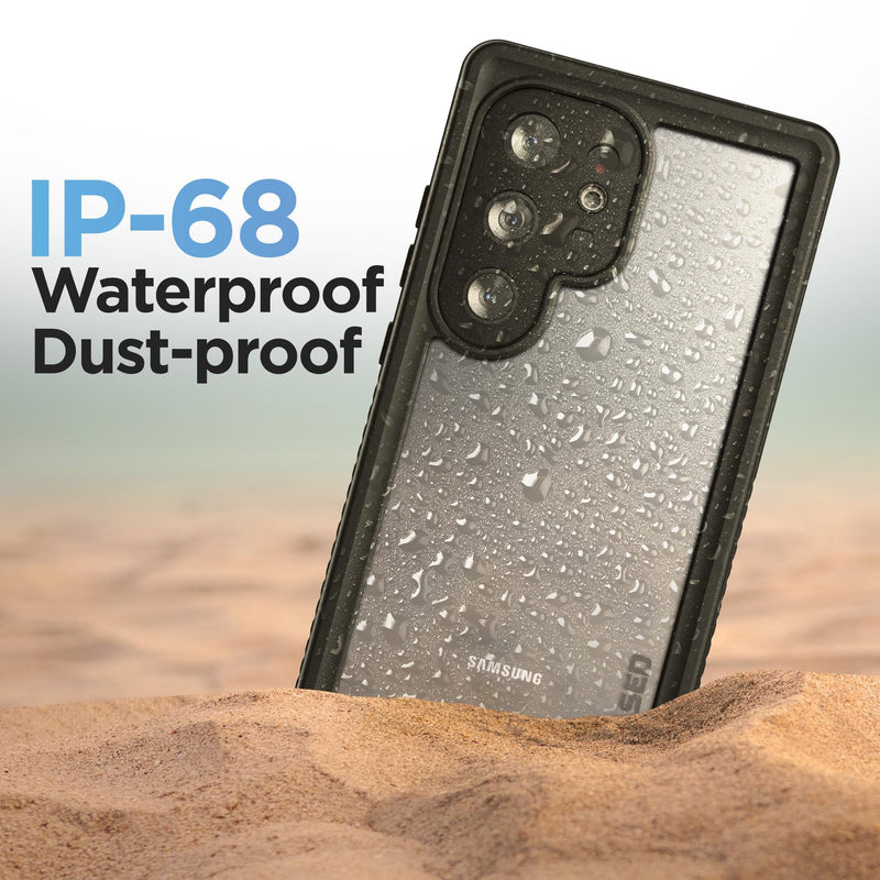 Encased Waterproof Belt Case Designed for Samsung Galaxy S24 Ultra - Full Body Protective Case with Screen Protector Built-in with Holster Clip (Clear/Black)