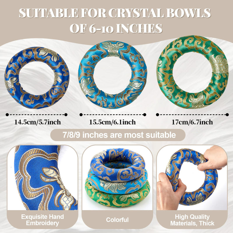 6 Pcs Singing Bowl Cushion Set 3 Silk Cloth O Ring with 3 Crystal Singing Bowl Mallet Include Solid and Hollow Stick Wood Handle Rubber Mallet for 7-9 Tibetan Sound Meditation