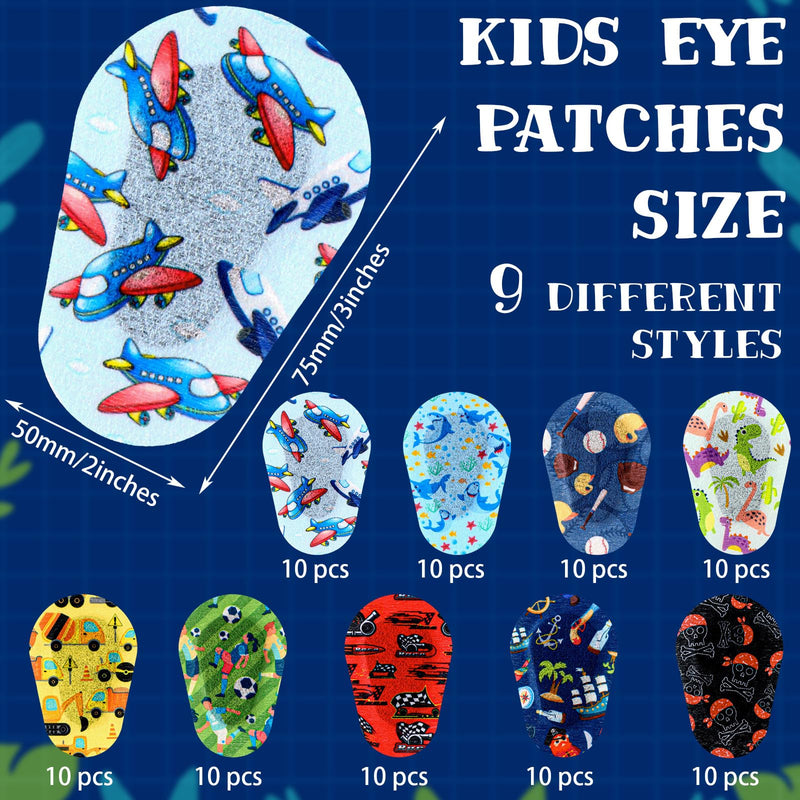 90 Pcs Adhesive Eye Patches for Kids Boys 9 Styles Eye Patches Latex Free Eye Pad Bulk Light Blocking Fun Cute Boys Designs Cotton Adhesive Bandages for Boys Toddler 90