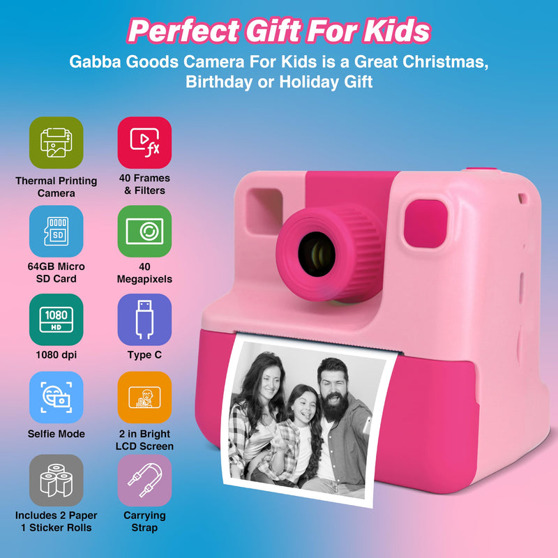 GabbaGoods Instant Print Kids Camera For 3 4 5 6 7 8 9 Year Old Kids With 32GB SD Card, Instant Thermal Print Feature Best For Gift On Christmas/Birthday/Holiday | Toddler Camera | Kids Digital Camera Pink