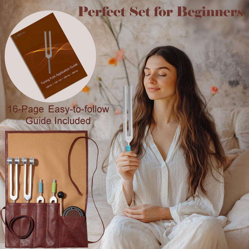 [AUSTRALIA] - Tuning Forks for Healing Set (128Hz, 136.1Hz, 256Hz, 384Hz) with Activator & Reflex Hammer, Sound Therapy Instruments for Chakra/Yoga/Meditation, Frequency Healing Devices in Vegan Leather Pouch Silver 