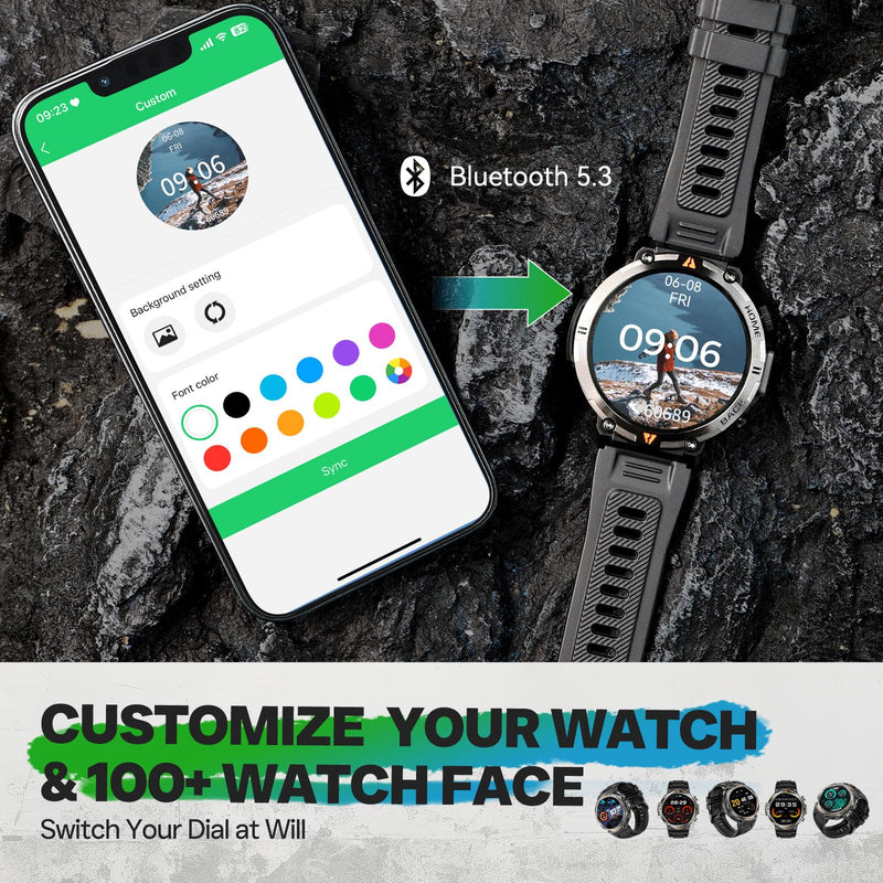 Military Smart Watch for Men, GPS Watch with Flashlight 3ATM Waterproof | Rugged Tactical Smartwatch with Bluetooth Calling Compass 1.45'' HD Sports Watch Fitness Watch Compatible with iPhone Samsung BK