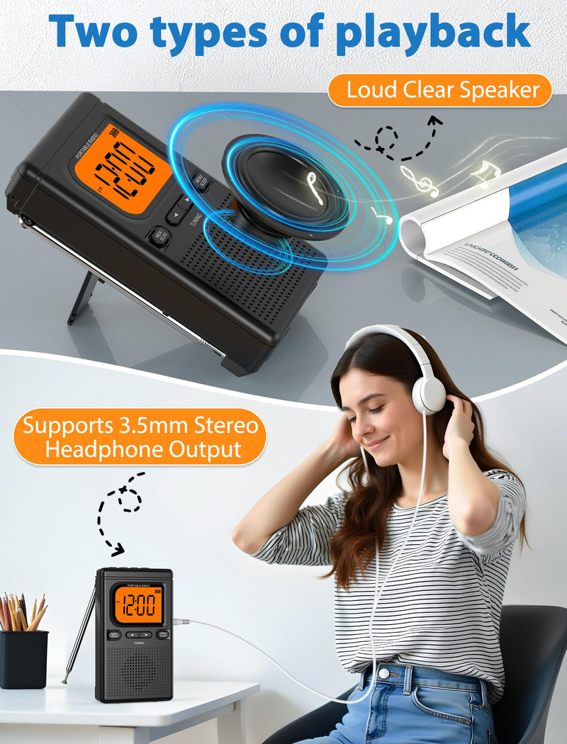 [AUSTRALIA] - 2000mAh Rechargeable AM FM Radio with Bluetooth Portable Transistor Pocket Radio with Best Reception Digital Tuning, Flashlight,LCD Screen,Earphone Jack, Sleep Timer and Alarm Clock for Jogging Black 