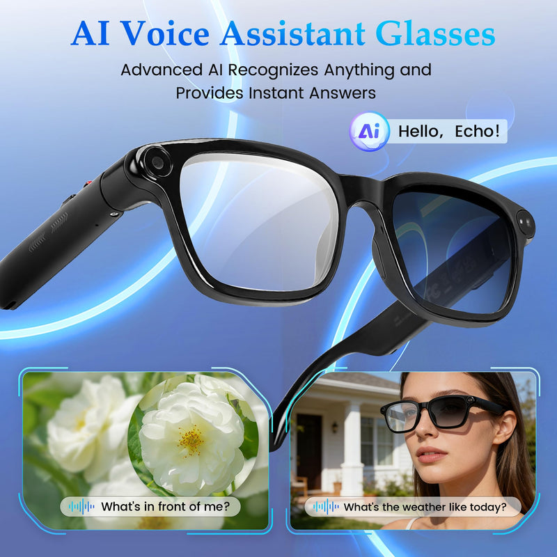 AI Smart Glasses with 8MP Camera, AI Assistant & Bluetooth Audio | 1080P Video, HD Photos, Real-Time Translation, Open-Ear Calls & Music, Photochromic Lenses with UV Protection for Men Women Standard