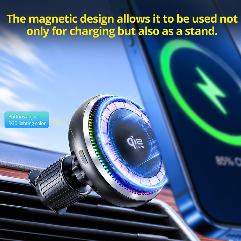 Qi2.2 25W Car Charger Mount Compatible with MagSafe Car Charger | TEC Cooling and 7-Color Fan, Wireless Car Charger Magnetic Phone Holder for iPhone 17/16/15/14/13/12