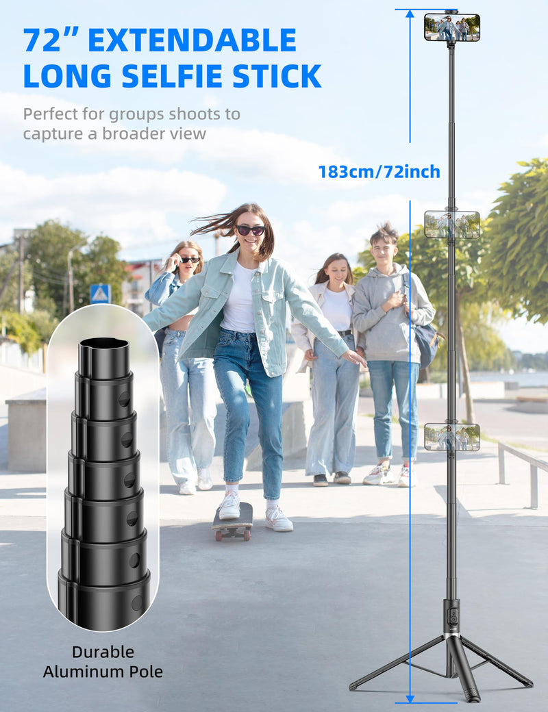 72" Cell Phone Selfie Stick Tripod, Aluminum Phone Tripod All-in-1 with Integrated Remote, Portable Extendable Smartphone Tripod Stand Lightweight Travel Tripod Compatible with iPhone 15/14/13/Android