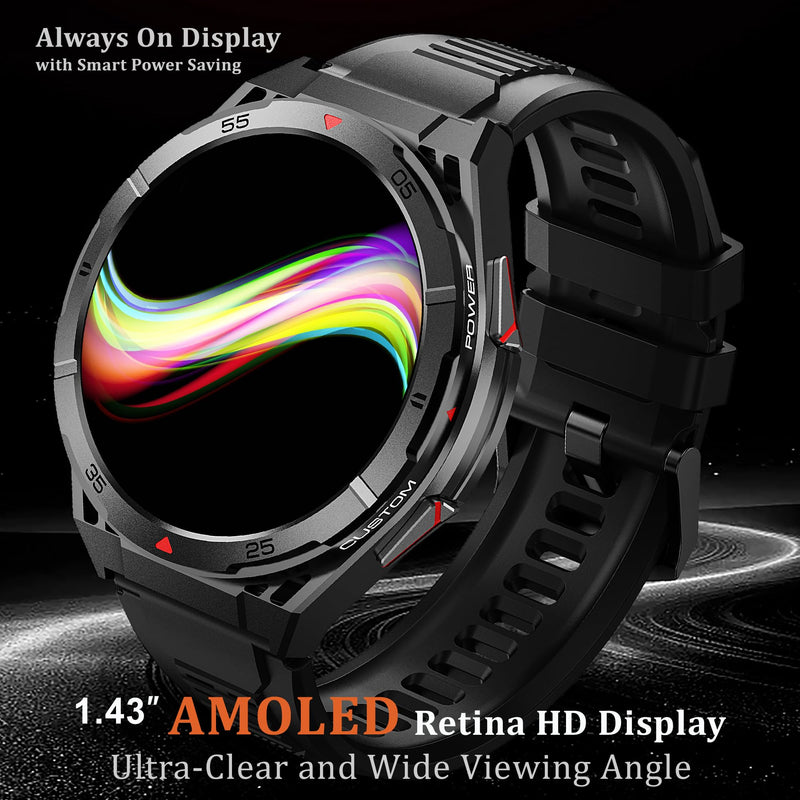 Military GPS Smart Watch: 1.43” AMOLED Always On Display, Built-In GPS, Compass, Altimeter, Barometer, Fitness/Path Tracker, BT Call, 150+ Sports, IP69K, Voice Assist, Long Battery Life, Android/iOS